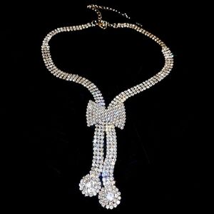 Pave Rhinestone Bowtie Antique Style Choker Bow Necklace w Extension Chain New